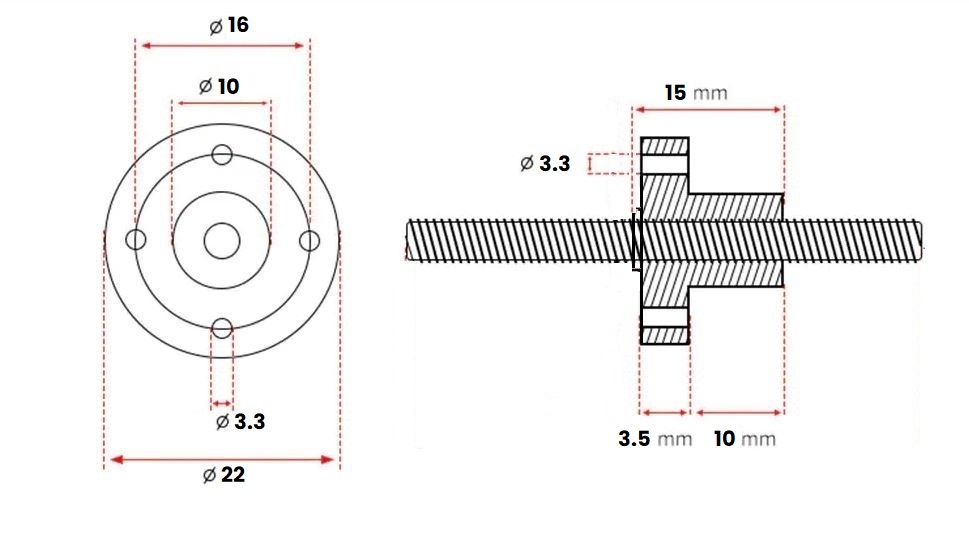 Boccola in ottone per vite trapezia Ø8 mm pitch 2 mm 1 principio